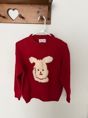Red Crewneck Sweater with Cream Bunny Motif